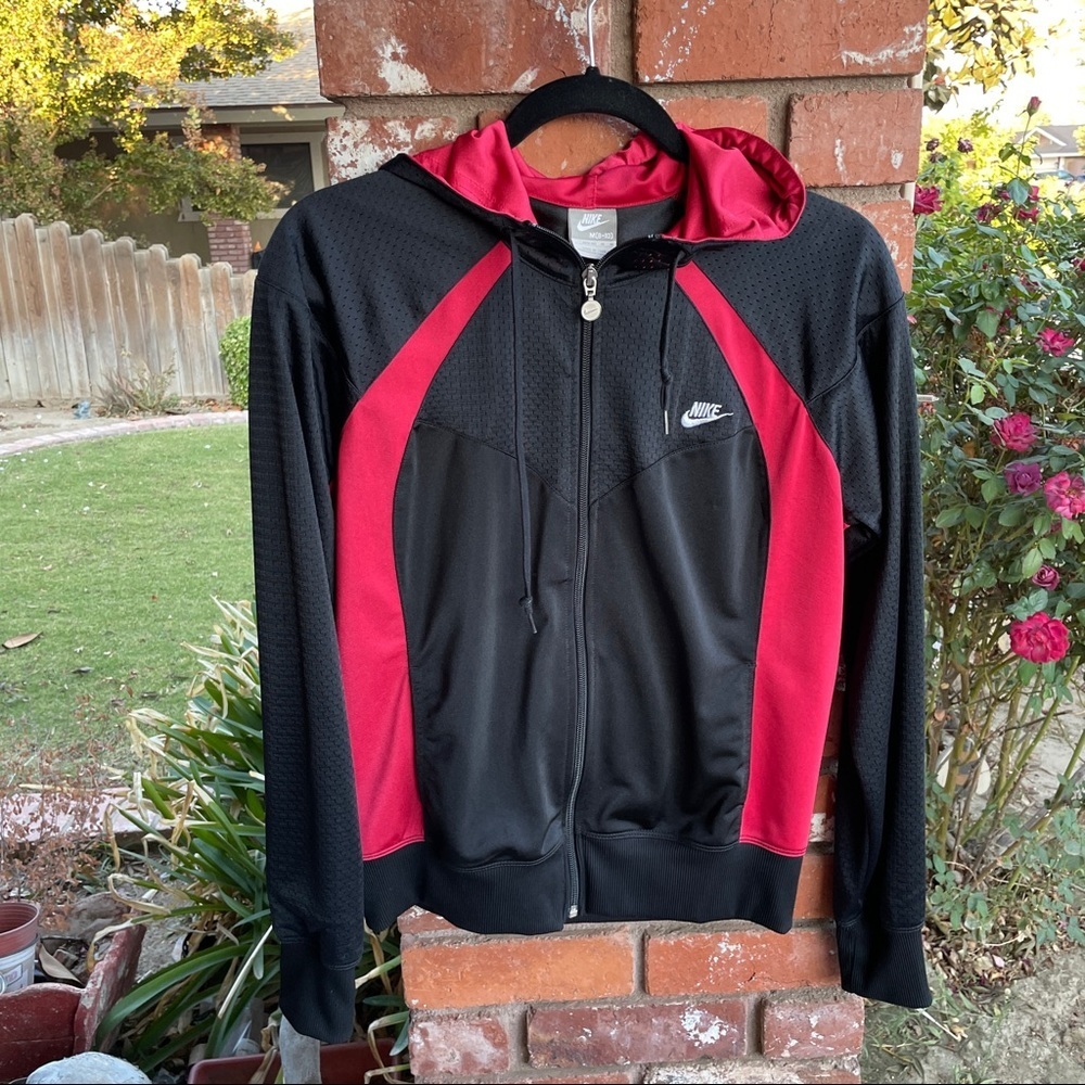 Nike red and black hooded windbreaker track jacket